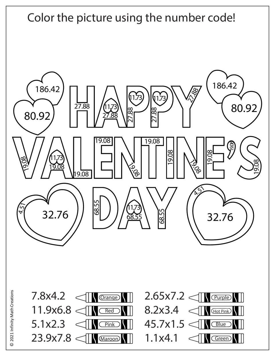 'Happy Valentine's Day' color-by-code worksheet with eight decimal multiplication problems, including 7.8 × 4.2