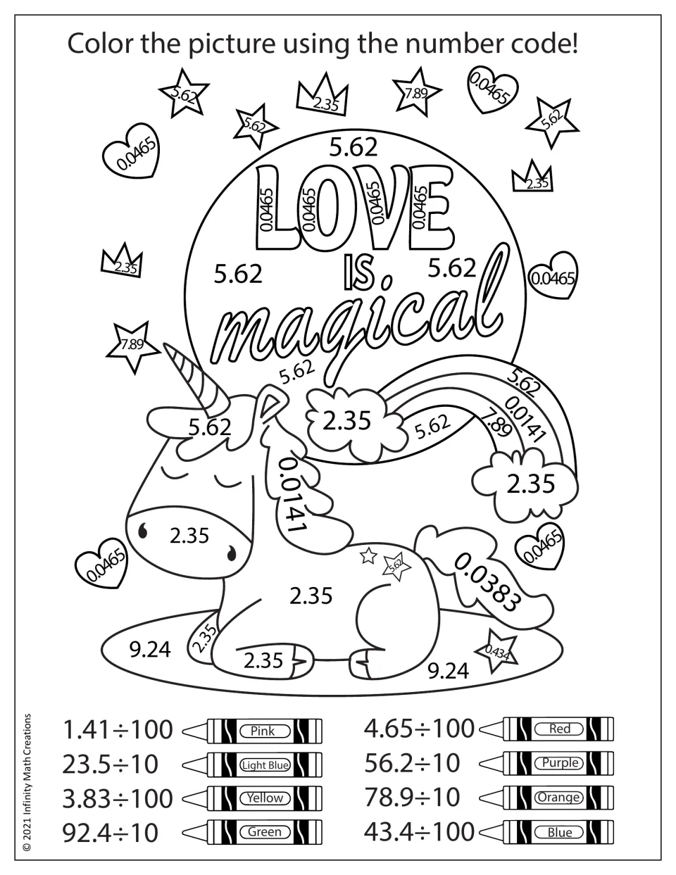 Unicorn color-by-code worksheet titled 'Love is magical' with eight decimal division problems using 10 or 100