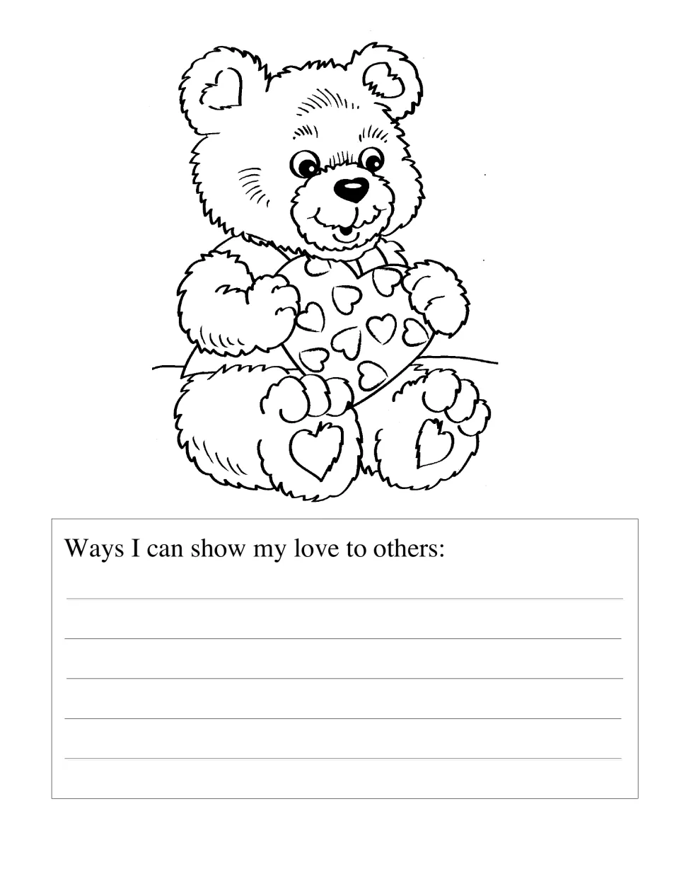 Teddy bear hugging a heart to color, and a prompt asking students to list 'Ways I can show my love to others'