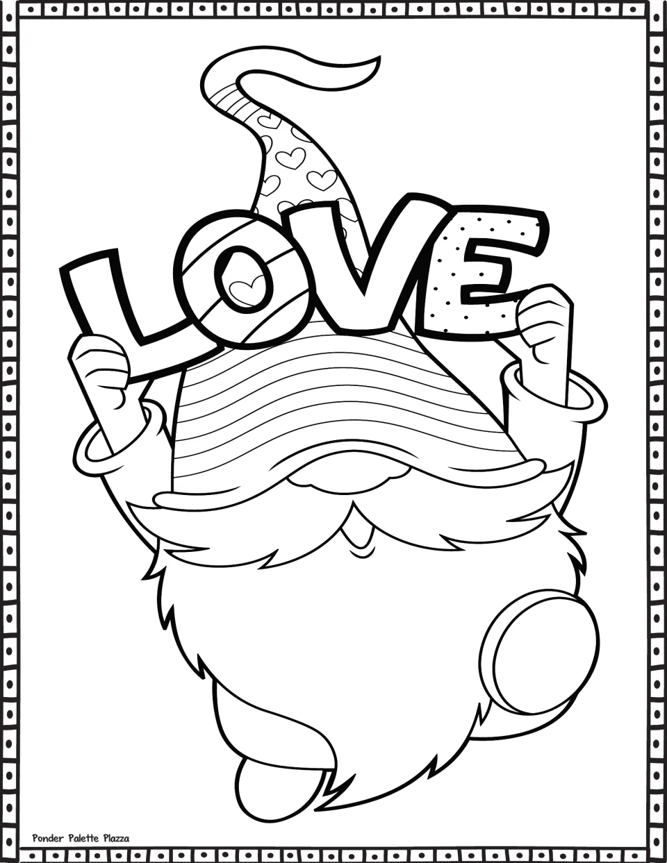 Valentine's Day coloring sheet featuring a bearded gnome holding the word LOVE above a striped hat.