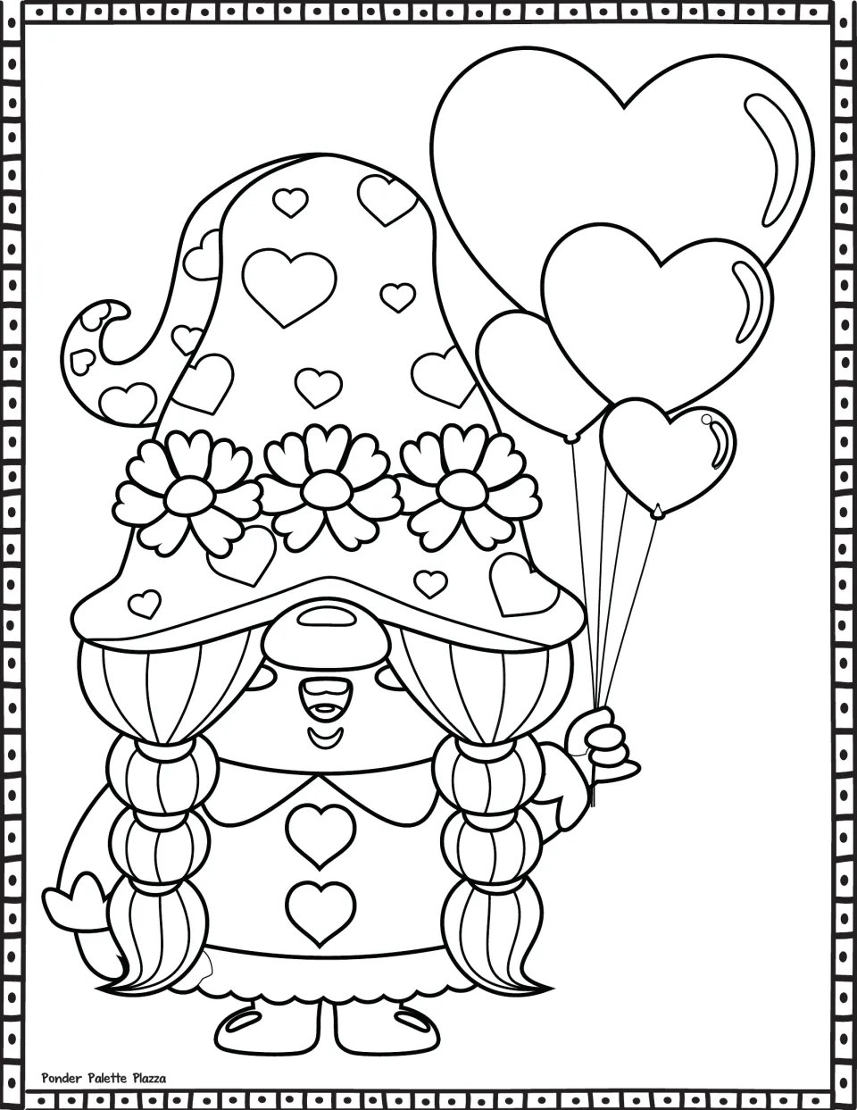 Valentine's Day coloring sheet featuring a braided gnome wearing a flower-trimmed hat and holding heart balloons.