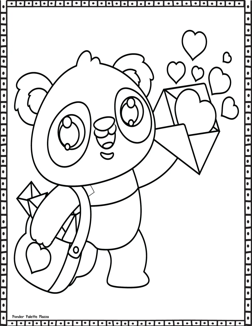Valentine's Day coloring sheet featuring a panda carrying a mailbag and holding an open envelope with a heart.