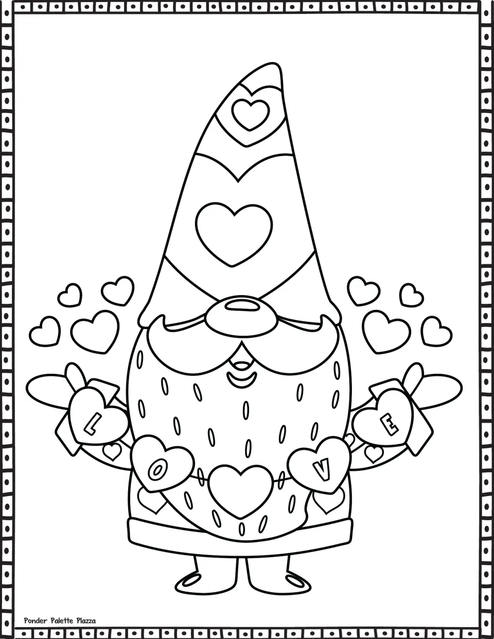 Valentine's Day coloring sheet featuring a gnome holding a heart garland with letters spelling LOVE.