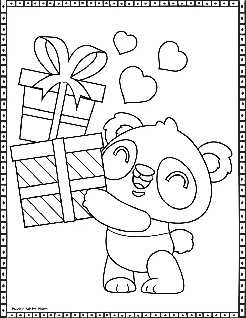 Valentine's Day coloring sheet featuring a smiling panda carrying two wrapped gifts beneath three hearts.