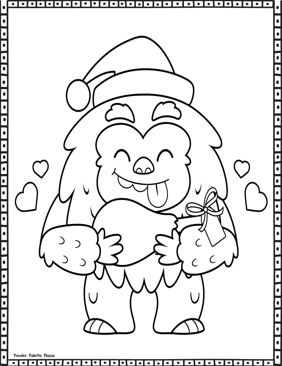Valentine's Day coloring sheet featuring a furry monster in a pom-pom hat holding a heart-shaped gift.