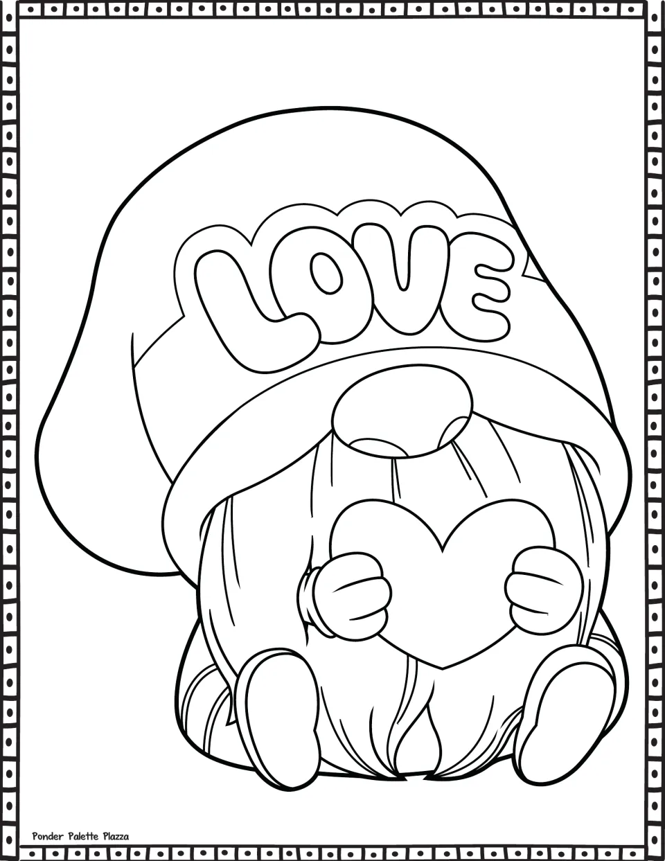 Valentine’s Day coloring sheet featuring a seated gnome holding a heart and wearing a hat labeled LOVE