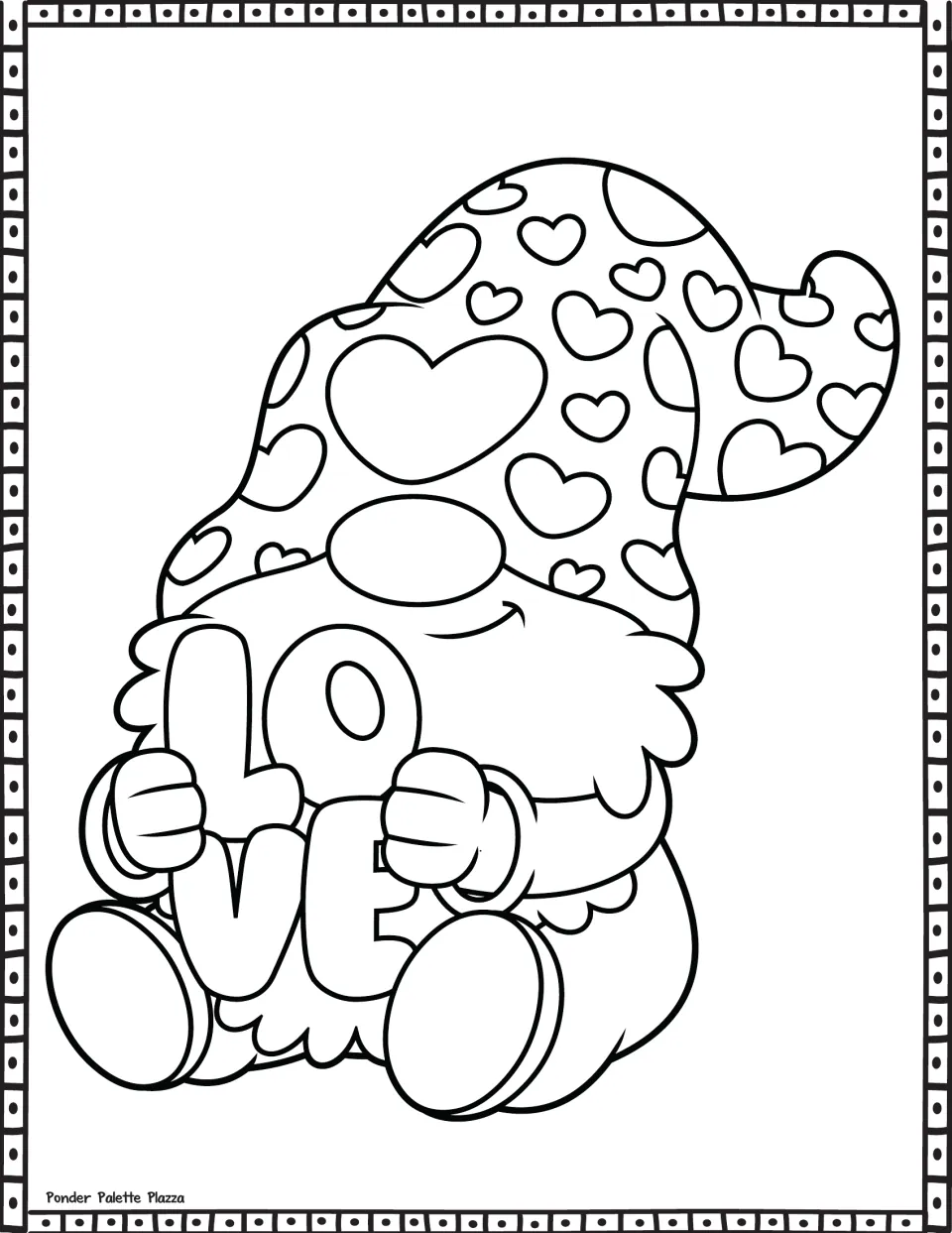 Valentine’s Day coloring sheet featuring a gnome holding the letters LOVE and wearing a heart-patterned hat
