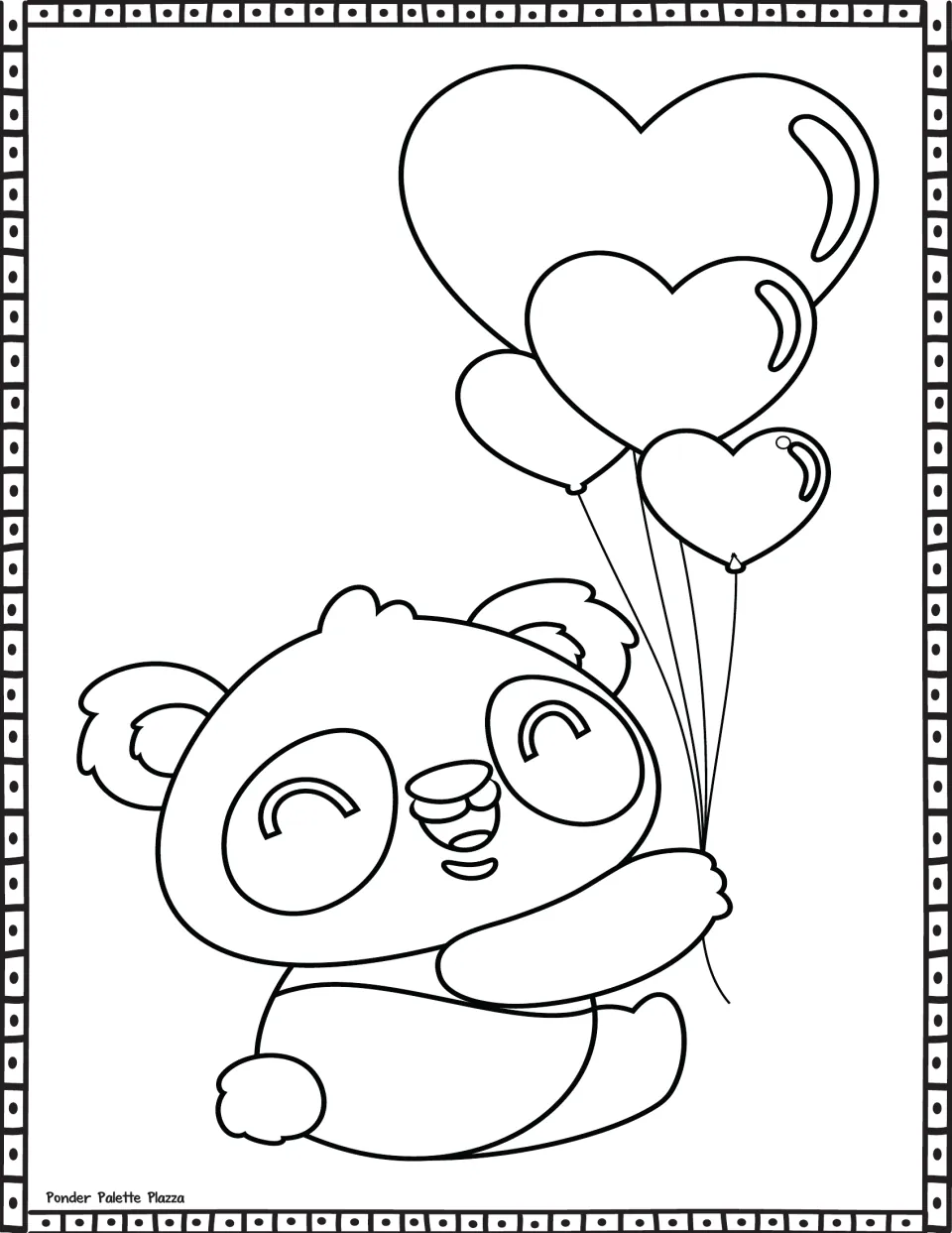 Valentine’s Day coloring sheet featuring a smiling panda holding strings attached to four heart balloons