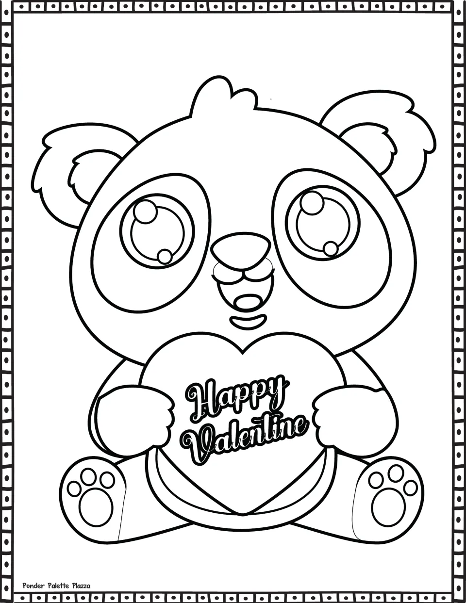 Valentine’s Day coloring sheet featuring a seated panda holding a large heart that reads Happy Valentine