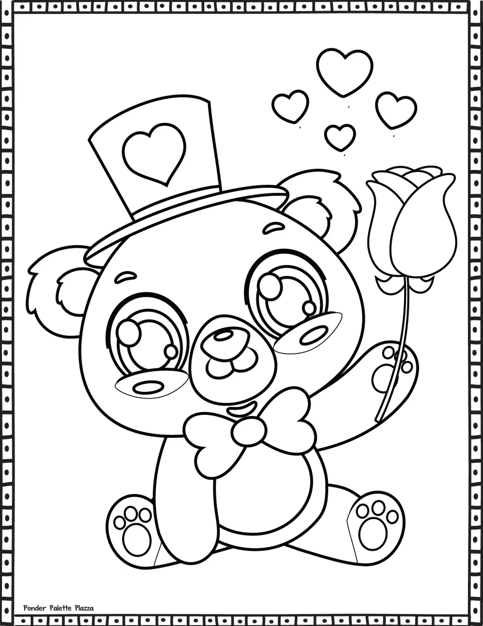 Valentine’s Day coloring sheet featuring a bear holding a rose and wearing a heart-decorated top hat