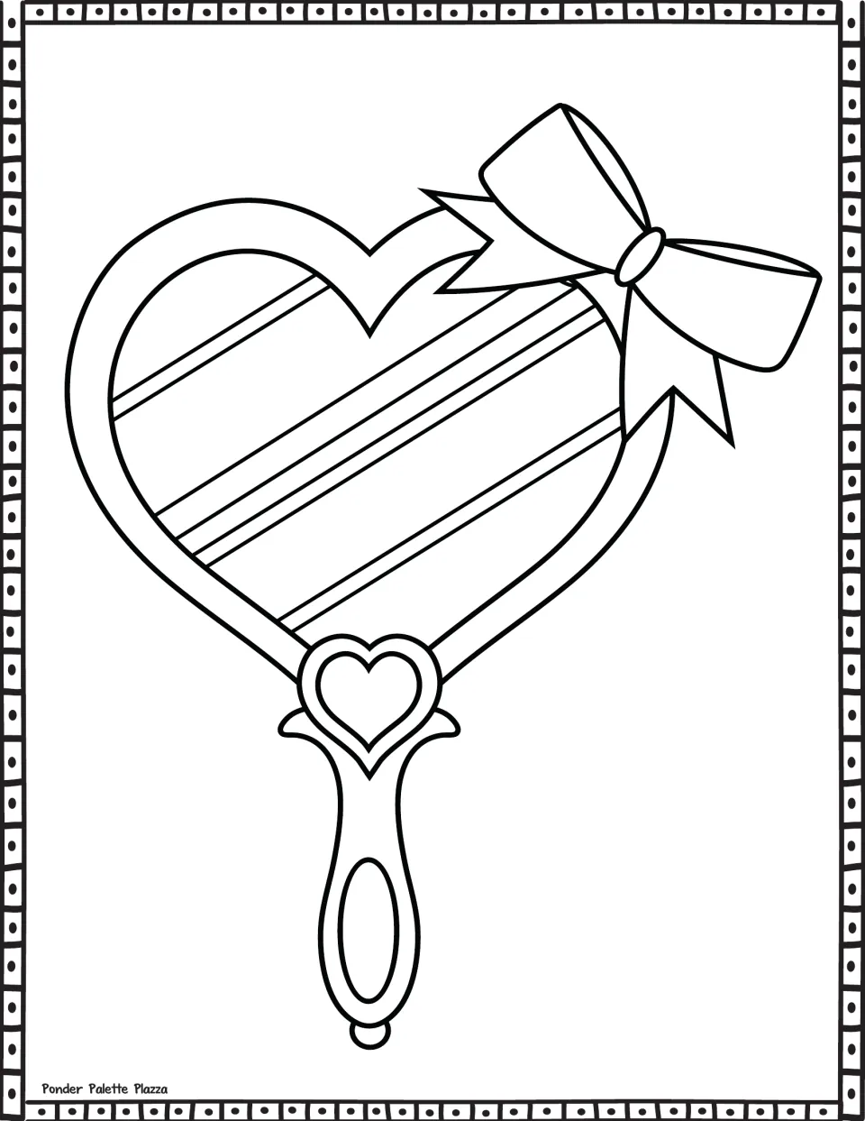 Valentine’s Day coloring sheet featuring a heart-shaped hand mirror with a bow and a smaller heart on its handle