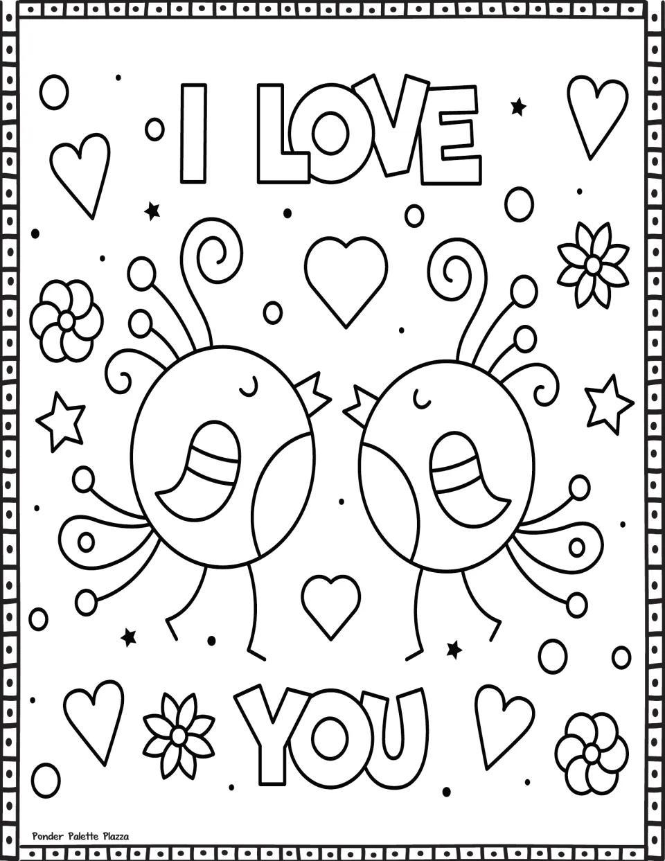 Valentine's Day coloring page featuring two birds facing each other, hearts, and the words 'I LOVE YOU'.