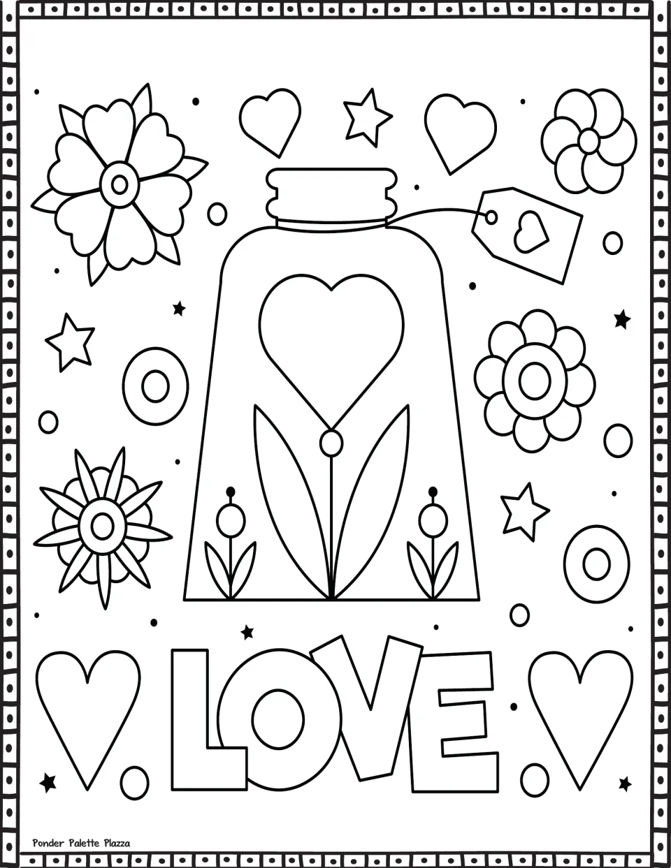 Valentine's Day coloring page featuring a jar holding a heart-shaped flower and the word 'LOVE' below.