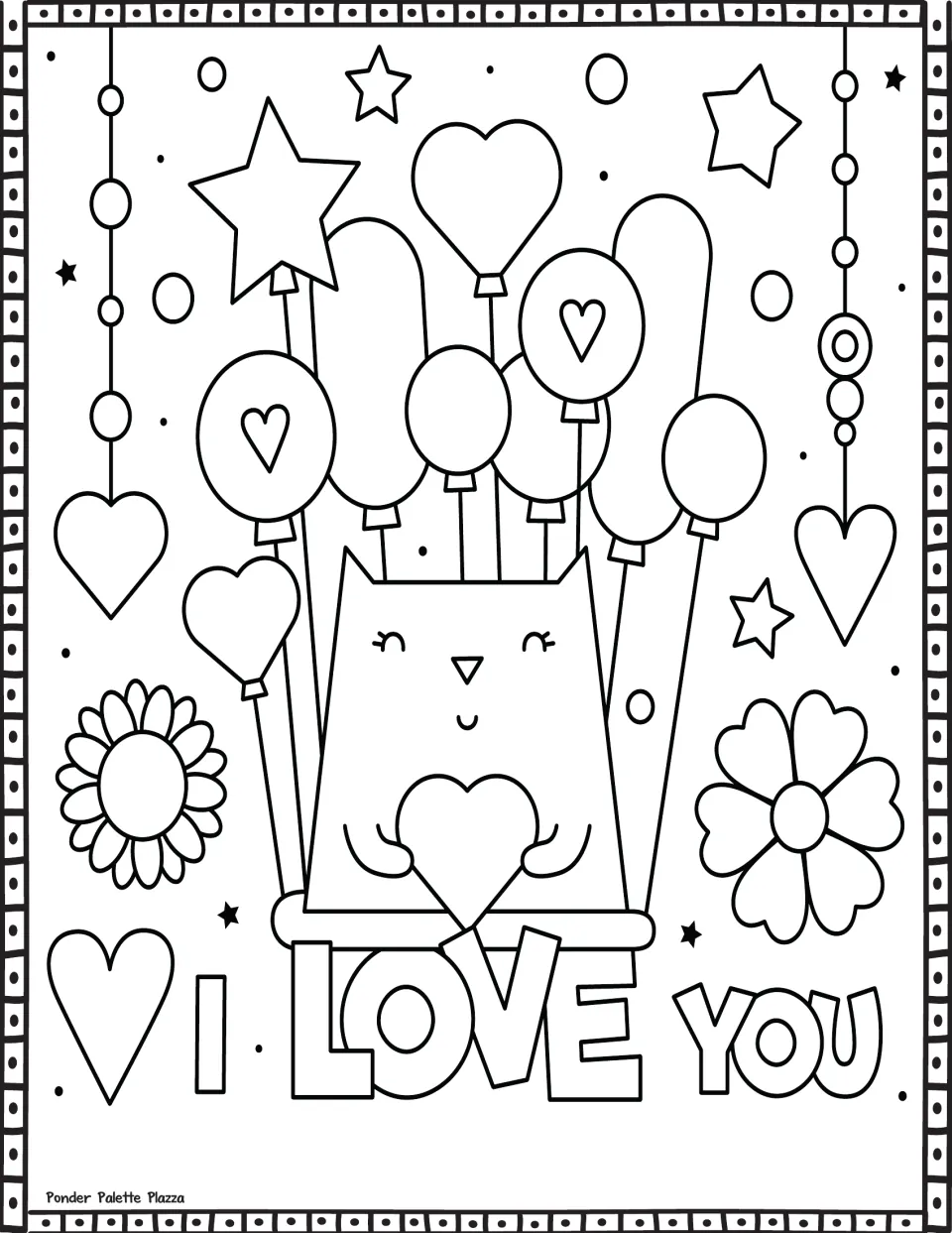 Valentine's Day coloring page featuring a cat holding a heart beneath balloons and the words 'I LOVE YOU'.
