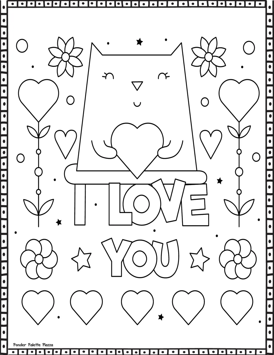Valentine's Day coloring page featuring a cat holding a heart, heart-shaped flowers, and 'I LOVE YOU'.
