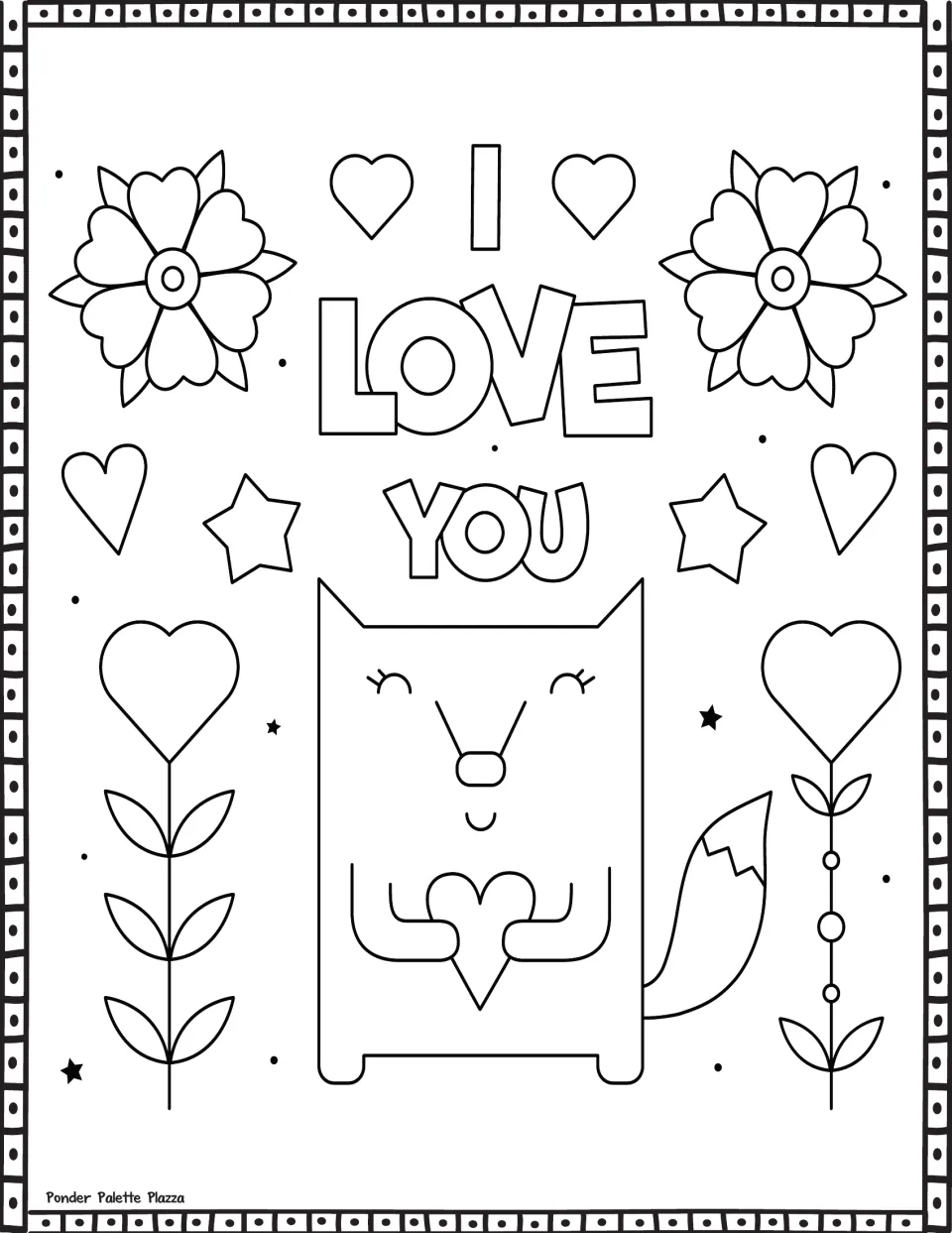 Valentine's Day coloring page featuring a fox holding a heart beneath 'I LOVE YOU', beside heart flowers.