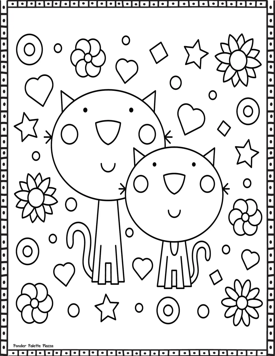 Valentine's Day coloring page featuring two smiling cats of different sizes surrounded by hearts and flowers.