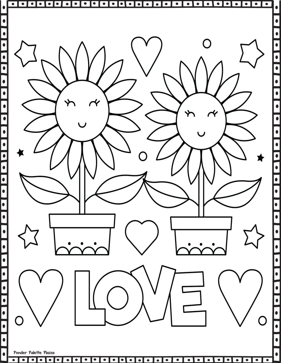 Valentine's Day coloring page featuring two smiling flowers in pots, surrounding hearts, and the word 'LOVE'.