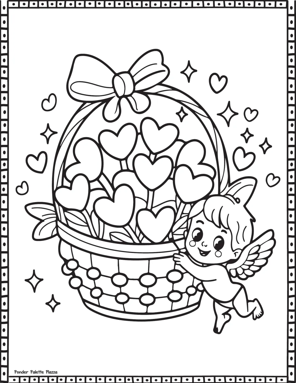 Valentine's Day coloring page featuring Cupid beside a basket of heart-shaped flowers topped with a bow