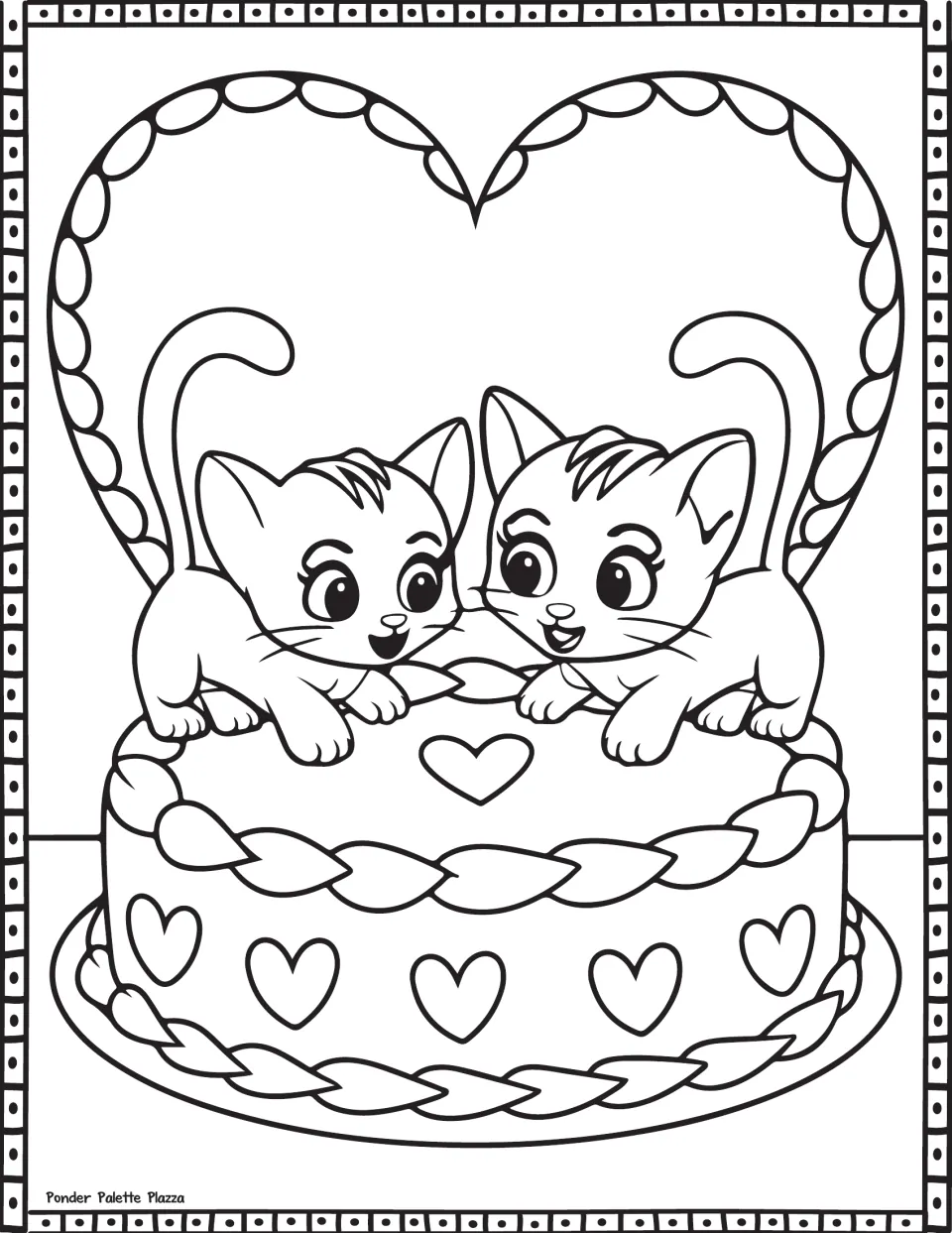 Valentine's Day coloring page featuring two kittens on a heart-decorated cake beneath a large heart
