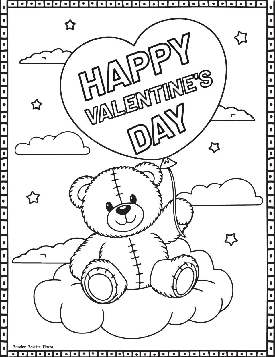 Valentine's Day coloring page of a teddy bear on a cloud holding a balloon reading 'Happy Valentine's Day'