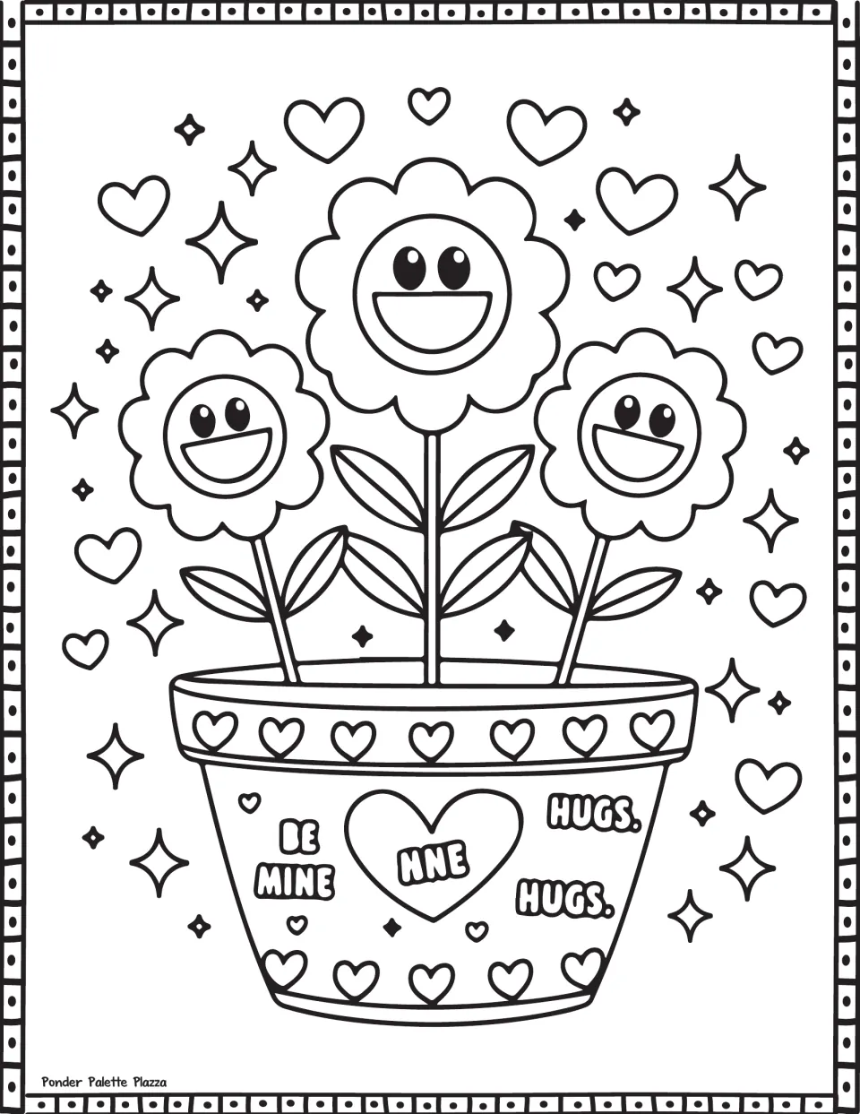 Valentine's Day coloring page featuring three smiling flowers in a heart-decorated pot labeled 'Be Mine'