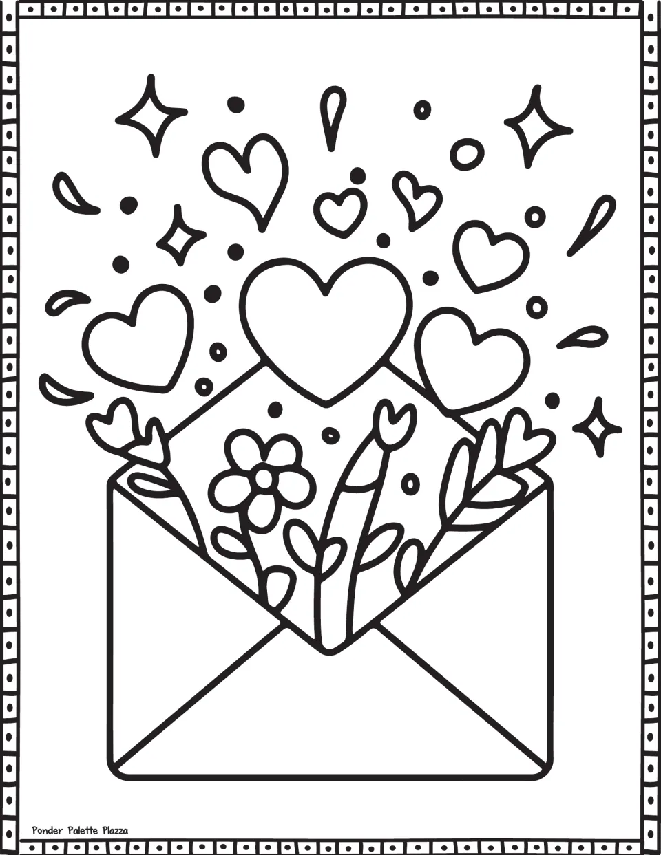 Valentine's Day coloring page featuring an open envelope filled with flowers and hearts floating above
