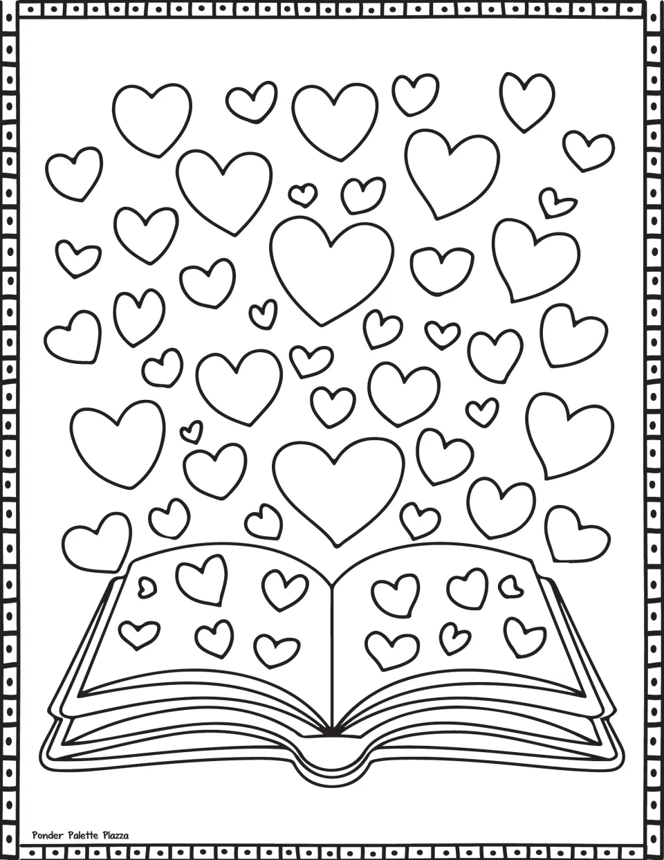 Valentine's Day coloring page featuring an open book with hearts on its pages and more hearts floating above