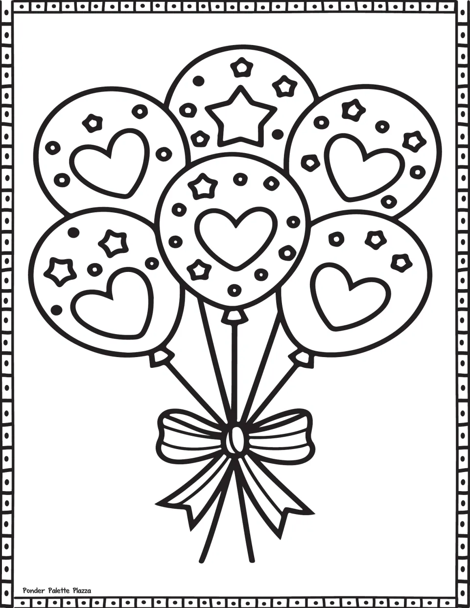 Valentine's Day coloring page featuring six balloons decorated with hearts and stars and tied with a bow