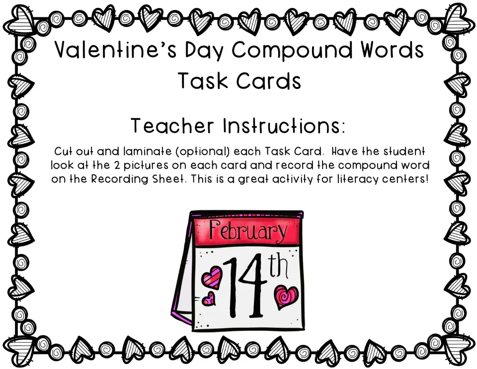 Teacher instructions: cut out cards, optionally laminate, and have students record compound words from pictures