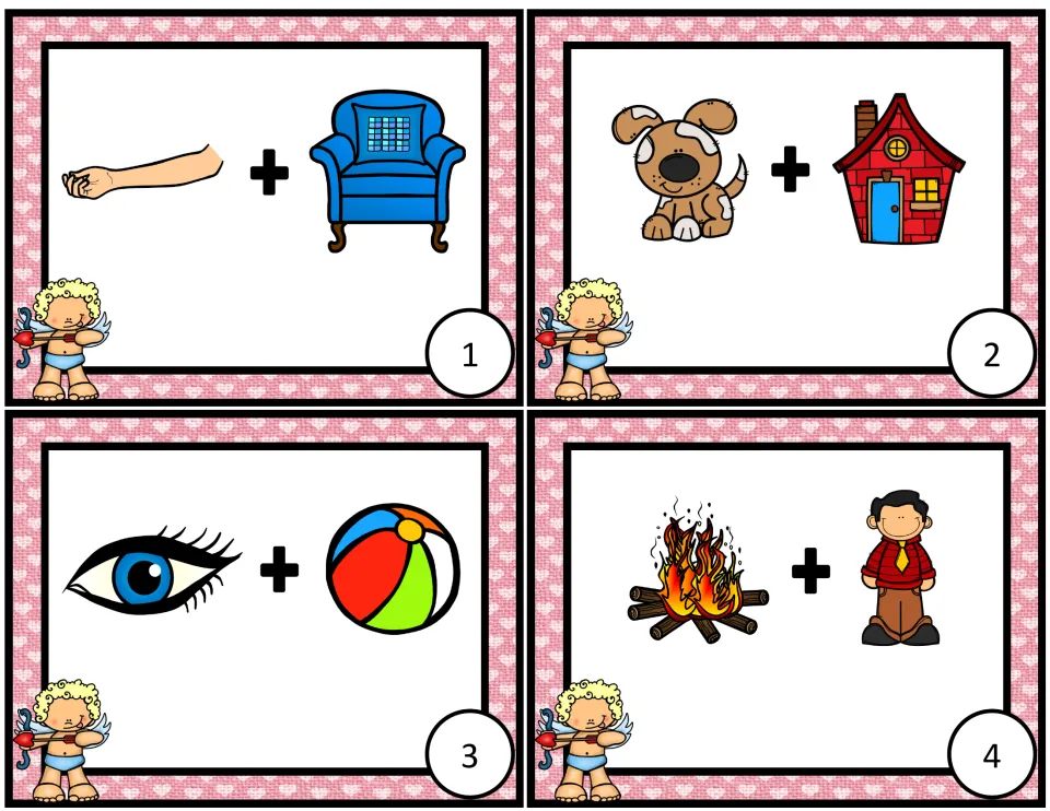 Compound-word task cards 1–4 show picture pairs: arm + chair, dog + house, eye + ball, and fire + man