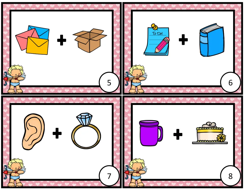 Compound-word task cards 5–8 show picture pairs: mail + box, note + book, ear + ring, and cup + cake