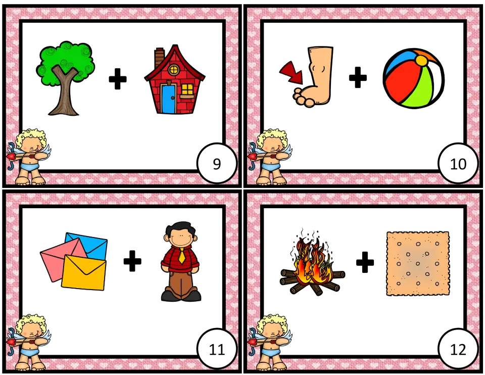Compound-word task cards 9–12 show picture pairs: tree + house, foot + ball, mail + man, and fire + cracker