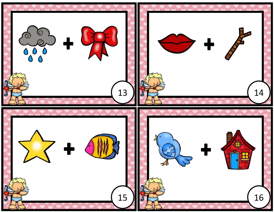 Compound-word task cards 13–16 show picture pairs: rain + bow, lips + stick, star + fish, and bird + house