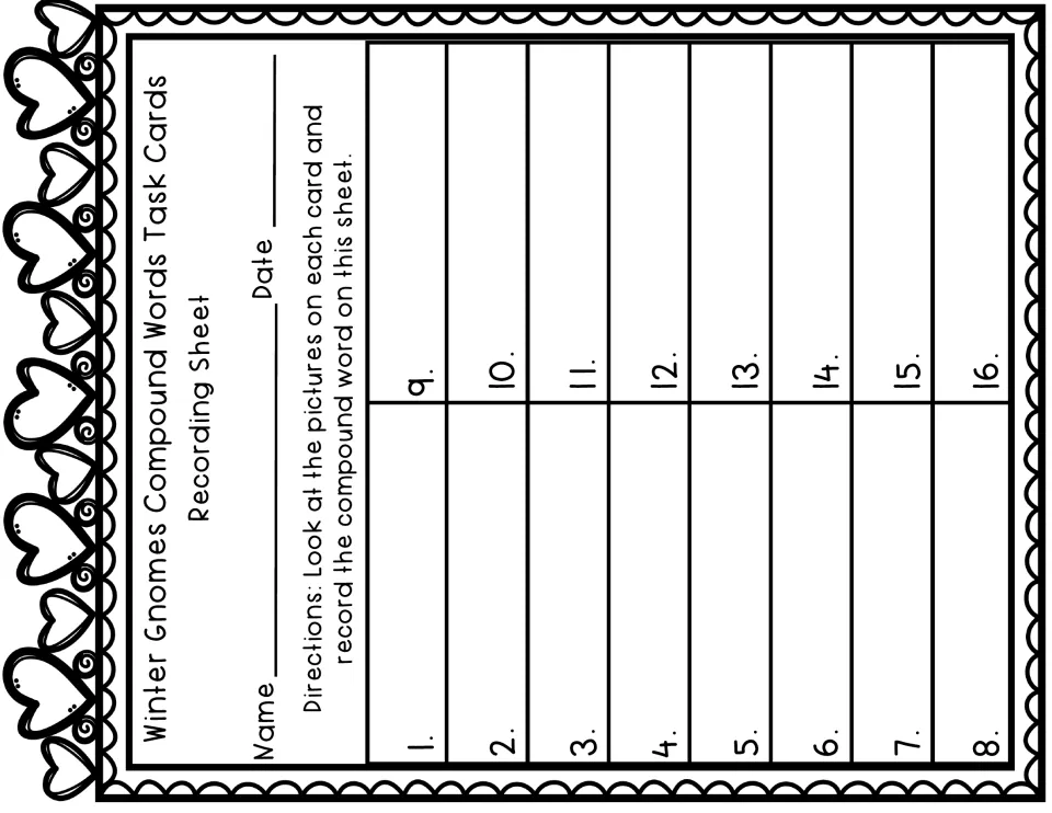 Recording sheet for task cards 1–16 asks students to look at each card's pictures and write the compound word