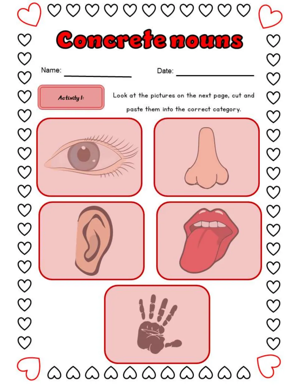 Activity 1 asks students to cut and paste pictures by the five senses: sight, smell, hearing, taste, and touch