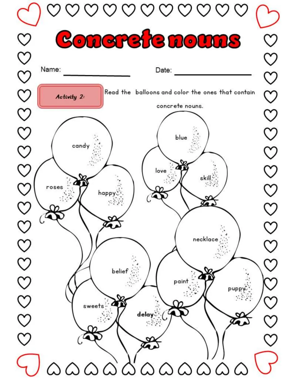 Activity 2 asks students to color balloons containing concrete nouns, including candy, roses, and necklace