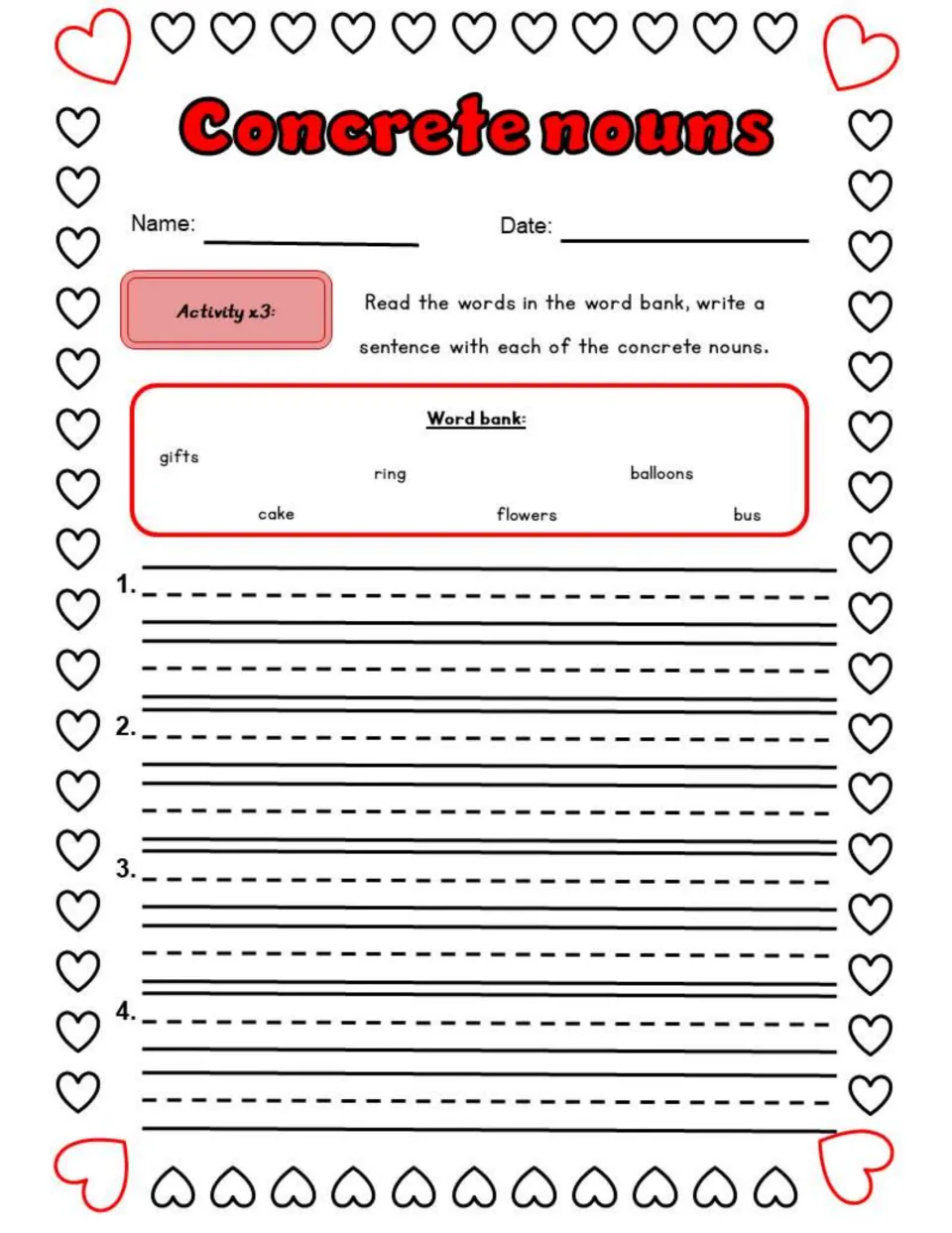 Activity 3 asks for sentences using concrete nouns from a word bank: gifts, ring, balloons, cake, flowers, bus