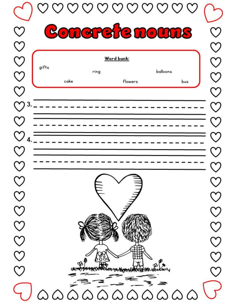 Activity 3 continuation repeats the word bank of gifts, ring, balloons, cake, flowers, and bus for sentence writing
