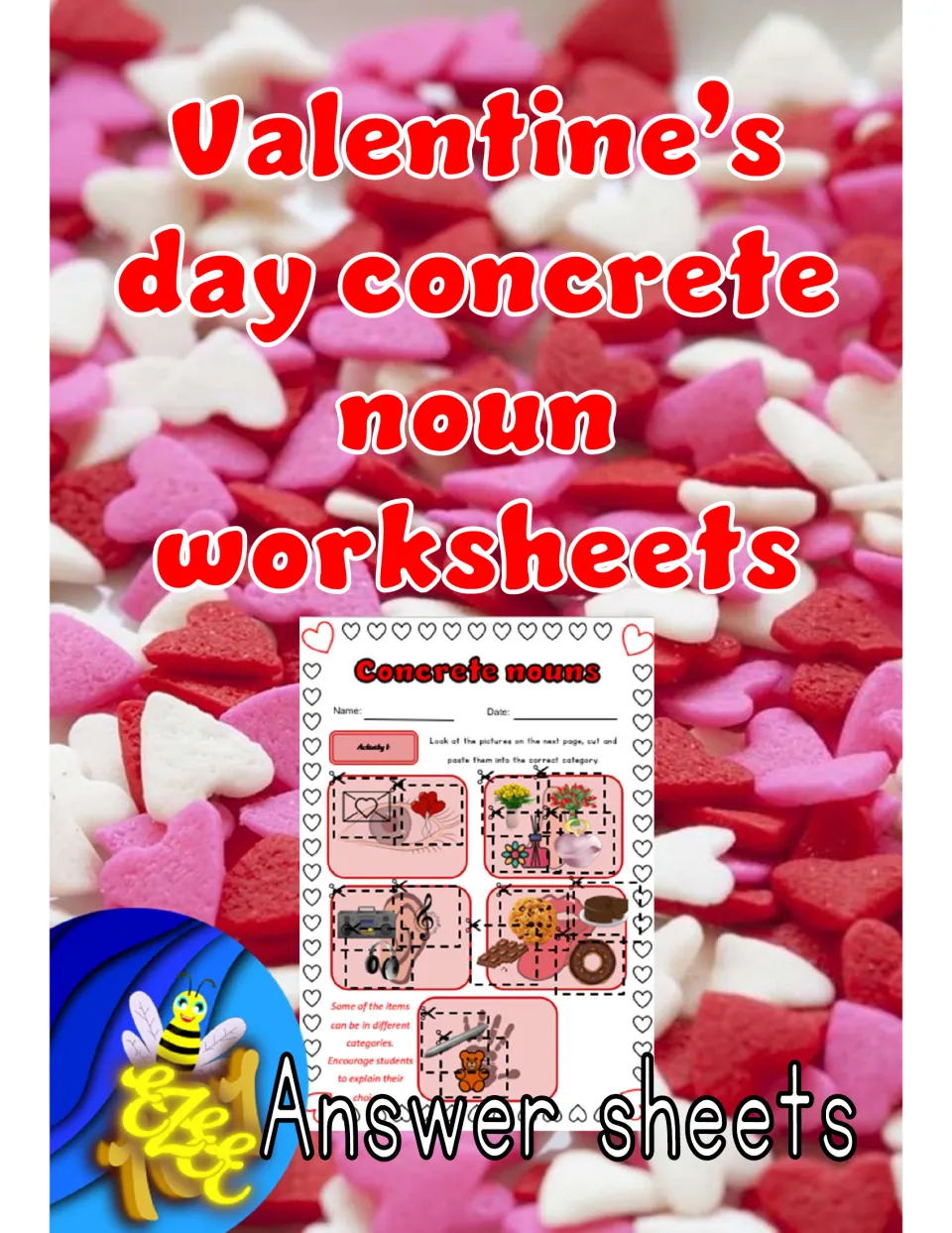 Answer-section cover for the concrete noun packet shows a completed sample of the five-senses sorting activity