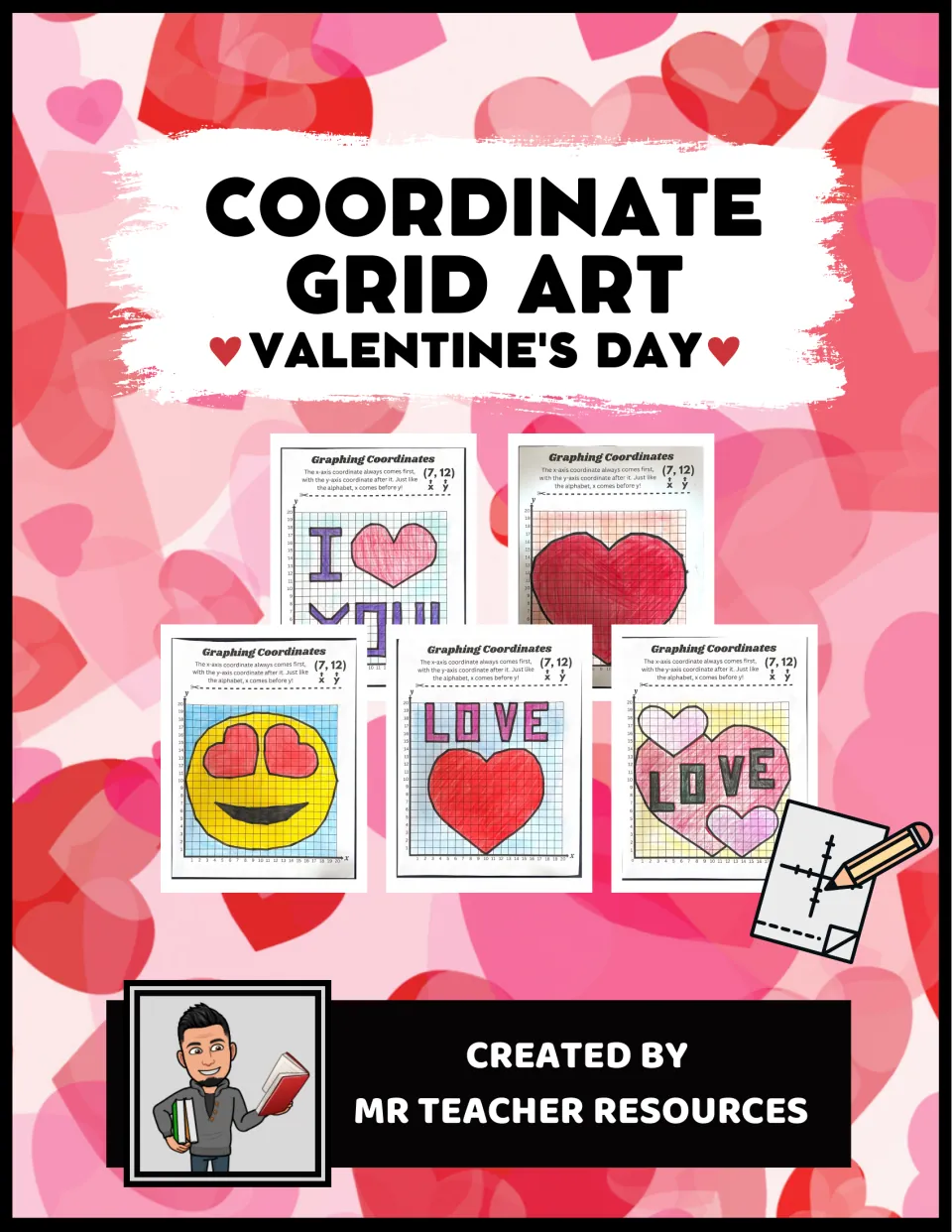 Valentine's Day coordinate art cover showing five completed designs, including hearts and a love emoji