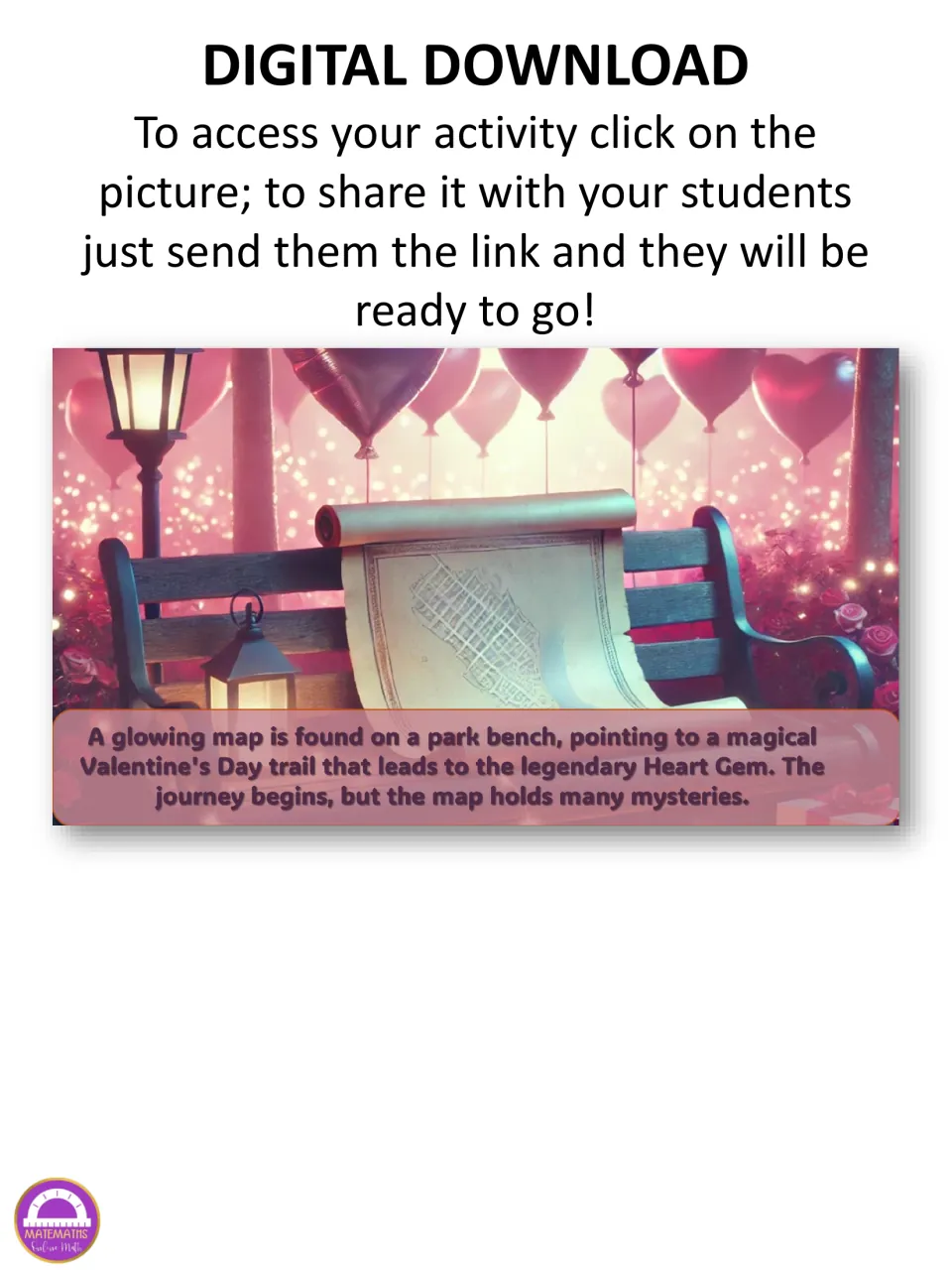 Digital escape room access page: click the story picture to begin the Valentine's Day quest for the Heart Gem.