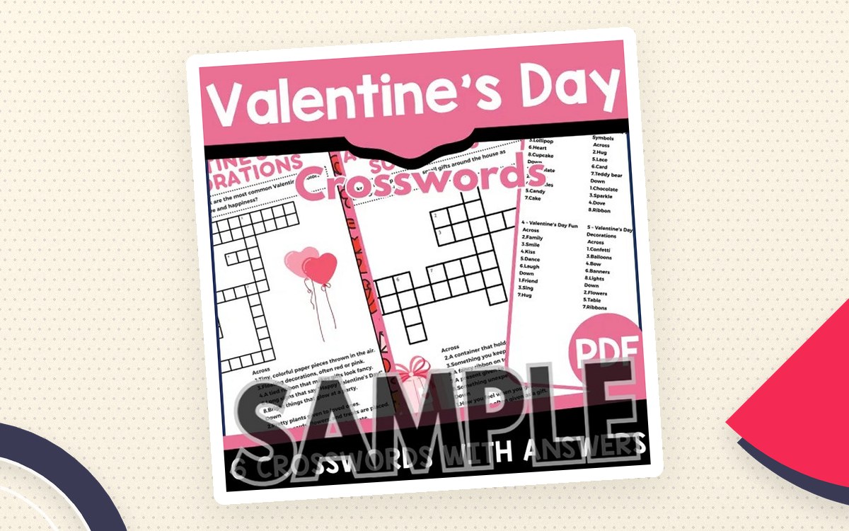 Valentine’s Day crossword sample cover with treat-themed puzzle and clue pages, pink hearts and a completed reference.