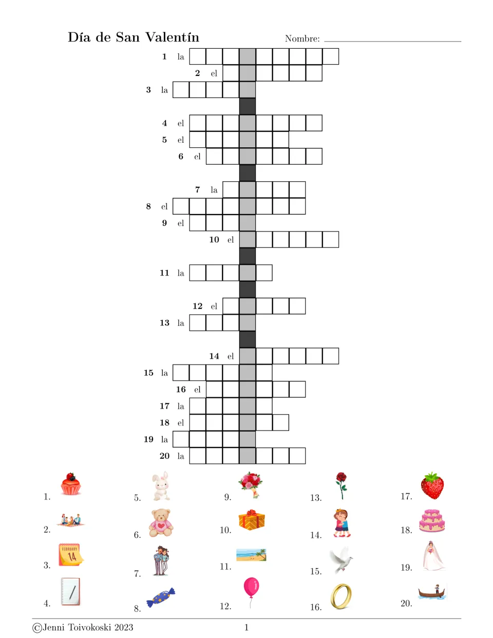 Día de San Valentín picture crossword: students write the Spanish noun for 20 pictured items, with el or la given as a clue