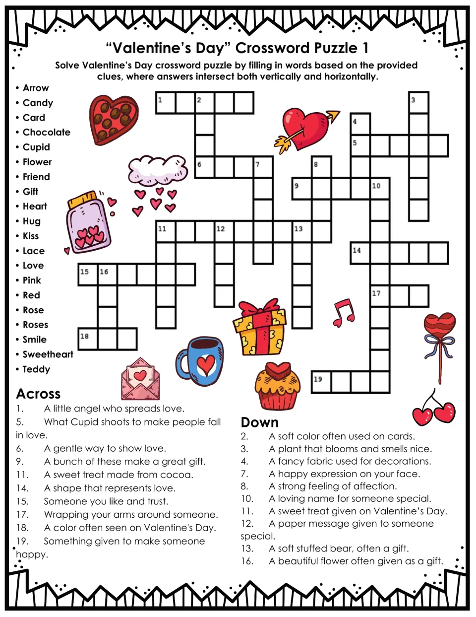 Valentine's Day crossword puzzle 1: 20 clues and a word bank including Cupid, arrow, kiss, and roses.