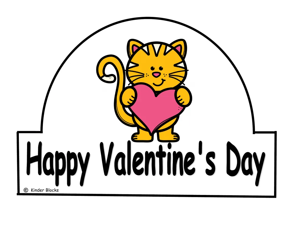 Color cat crown front featuring a cat holding a pink heart above the greeting “Happy Valentine's Day”