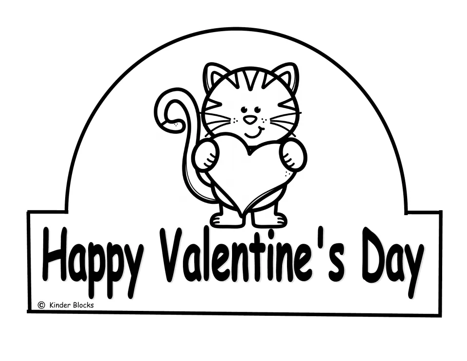 Black-and-white cat crown front for coloring, showing a cat holding a heart and “Happy Valentine's Day”