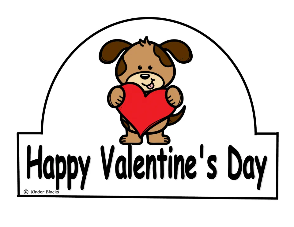 Color dog crown front featuring a dog holding a red heart above the greeting “Happy Valentine's Day”
