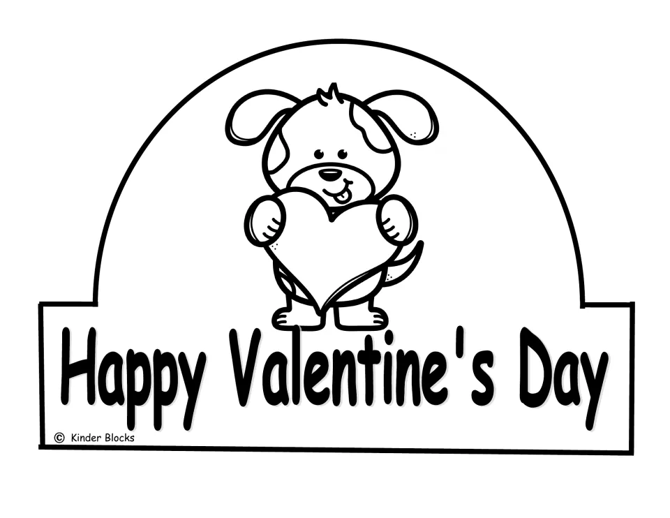 Black-and-white dog crown front for coloring, showing a dog holding a heart and “Happy Valentine's Day”