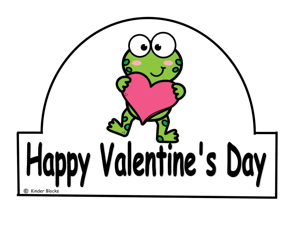 Color frog crown front featuring a frog holding a pink heart above the greeting “Happy Valentine's Day”